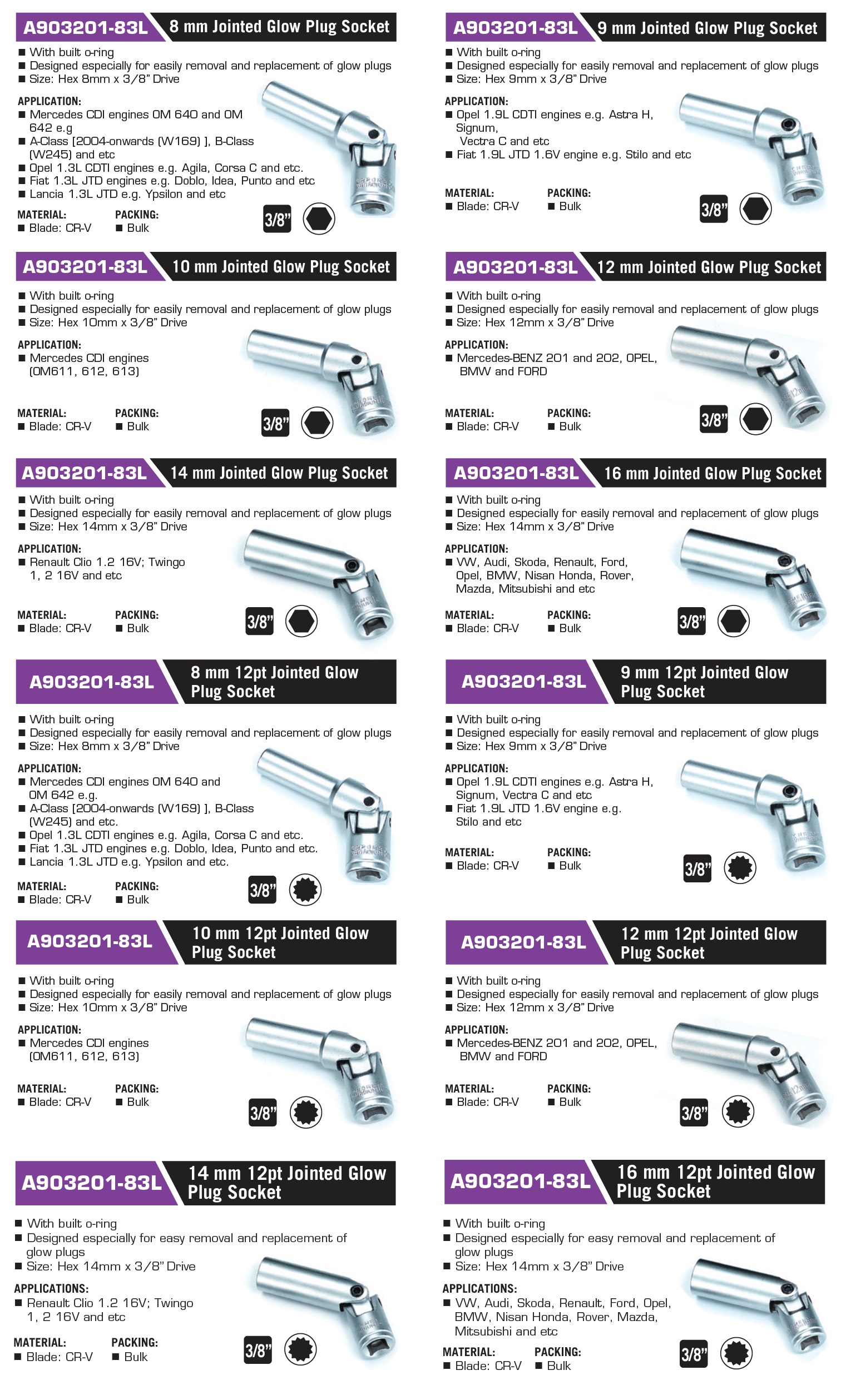 A903201-83L 8 mm Jointed Glow Plug Socket